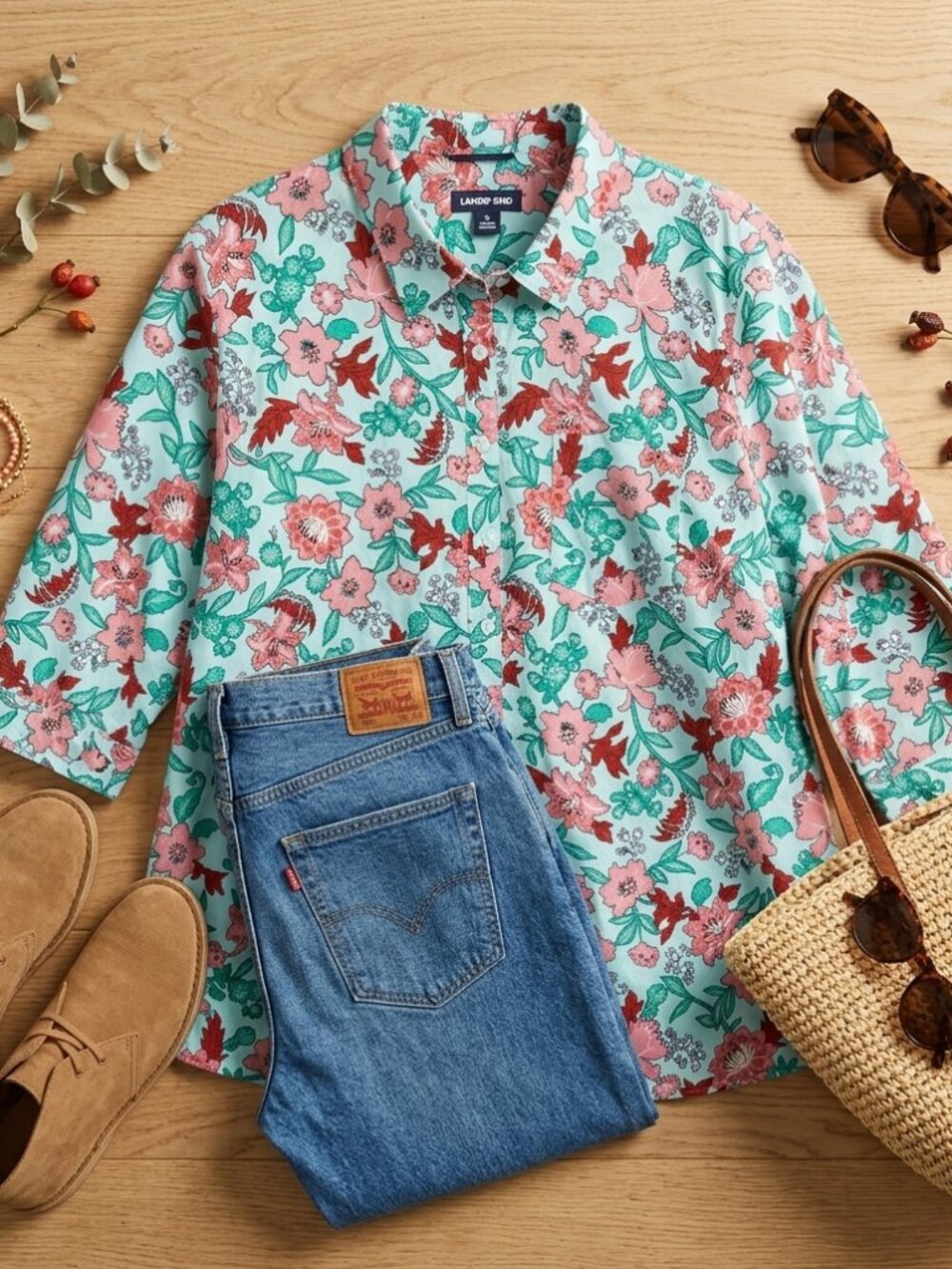 Lands End Floral Tunic Womens 26W Mint Green Pink Cotton Band Collar Blouse 3X